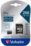 Paměťová karta PRO“, microSDXC, 256GB, CL10/U3/A2, 100/90 MB/s, adaptér, VERBATIM 47045