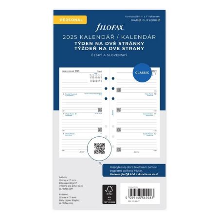 Kalendář Filofax osobní, týden /2 strany ČJ+SJ 2025, linkovaný