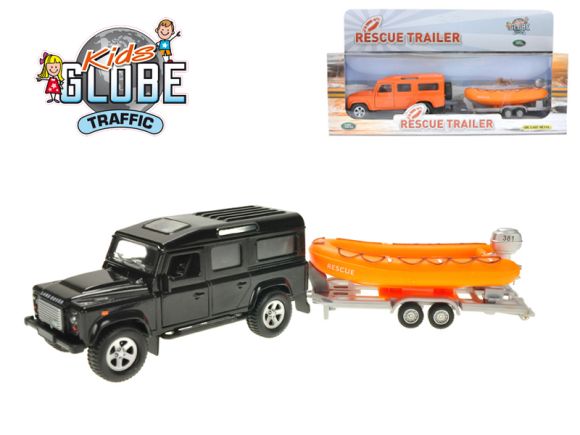 Kids Globe Traffic auto Land Rover Defender kov 14cm na zpětný chod se člunem 11cm v krabi