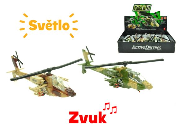 Mission Control helikoptéra vojenská 20cm kov zpětný chod na baterie+světlo a zvuk 2barvy