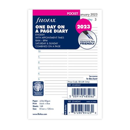 Náplň do diáře Filofax 2023, kapesní/denní ENG