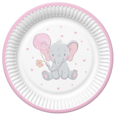 Talíř papírový PM 23cm 8ks Baby Elephant with Pink Balloon