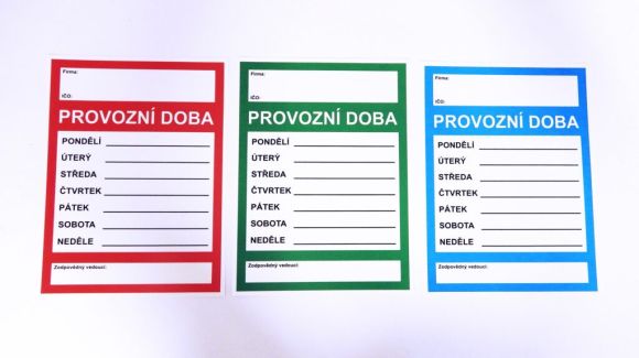 Provozní doba A4 platová cedulka – mix barev (698p)