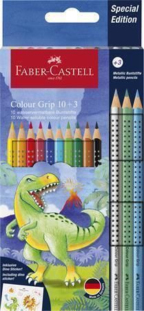 Barevné pastelky Grip, 13 barev, trojhranné, dinosaurus, FABER-CASTELL 201545