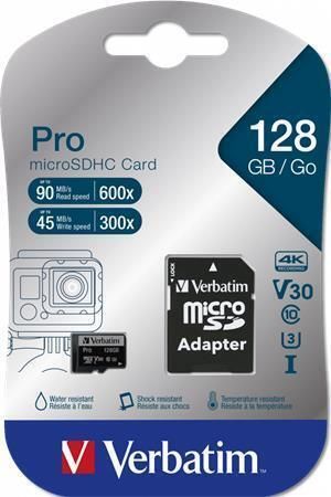 Paměťová karta PRO“, microSDXC, 128GB, CL10/U3, 90/45 MB/s, adaptér, VERBATIM 47044