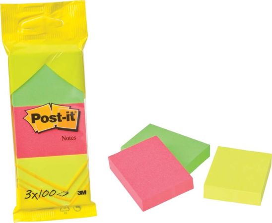 Samolepicí bločky Post-it - 51 mm x 38 mm / 3 x 100 lístků neon