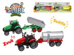 Kids Globe Farming traktor kov 25cm na setrvačník s vlečkou na baterie+světlo/zvuk 4druhy