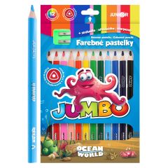 Pastelky JUNIOR Ocean World JUMBO trojhranné - sada 12 ks + ořezávátko