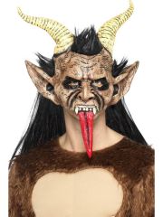 Smiffys  Maska s vlasy Čert Krampus s rohy a jazykem