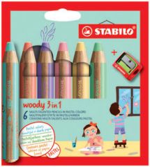 STABILO®  Pastelky STABILO Woody PASTEL 3v1 - 6 barev + ořezávátko